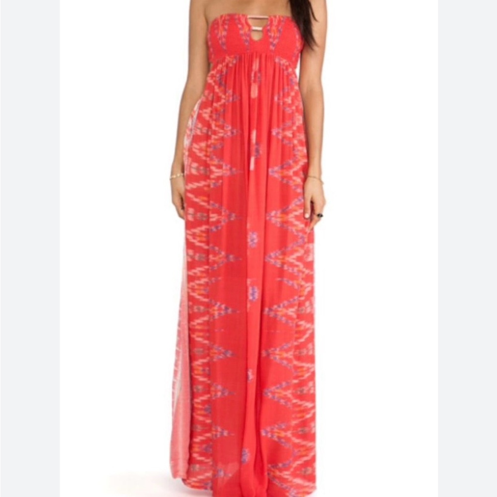 NWT Indah Flamingo Strapless Smock Bandeau BOHO Maxi Dress in Coral Endex